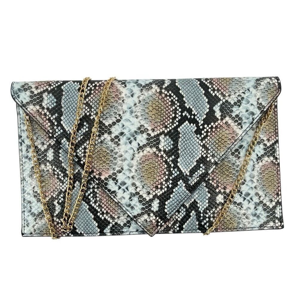 Oversized Ombre Faux Leather Snakeprint Clutch with Removable Gold Chain